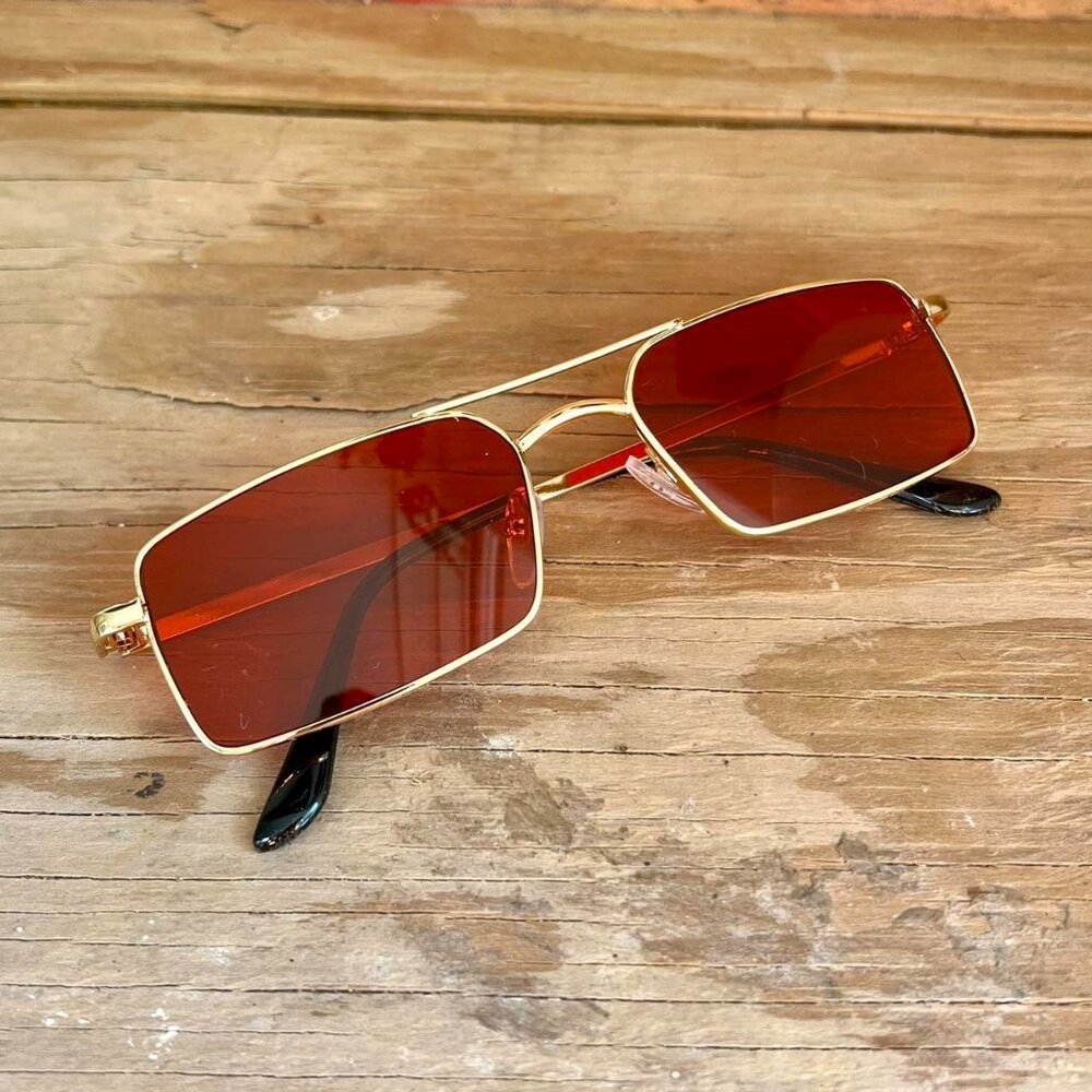 y2k style red classy sporty slim gold trim red lens sunglasses - Picture 3 of 7